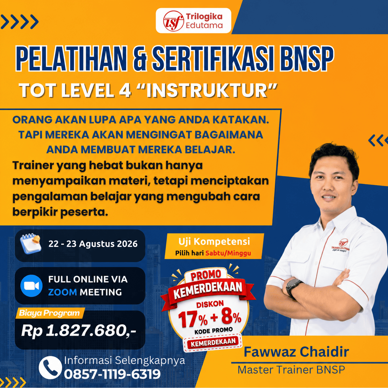 PROMO KEMERDEKAAN!!! DIKLAT DAN SERTIFIKASI TRAINING OF TRAINER BNSP LEVEL 4 "INSTRUKTUR" FULL ONLINE AGUSTUS 2026